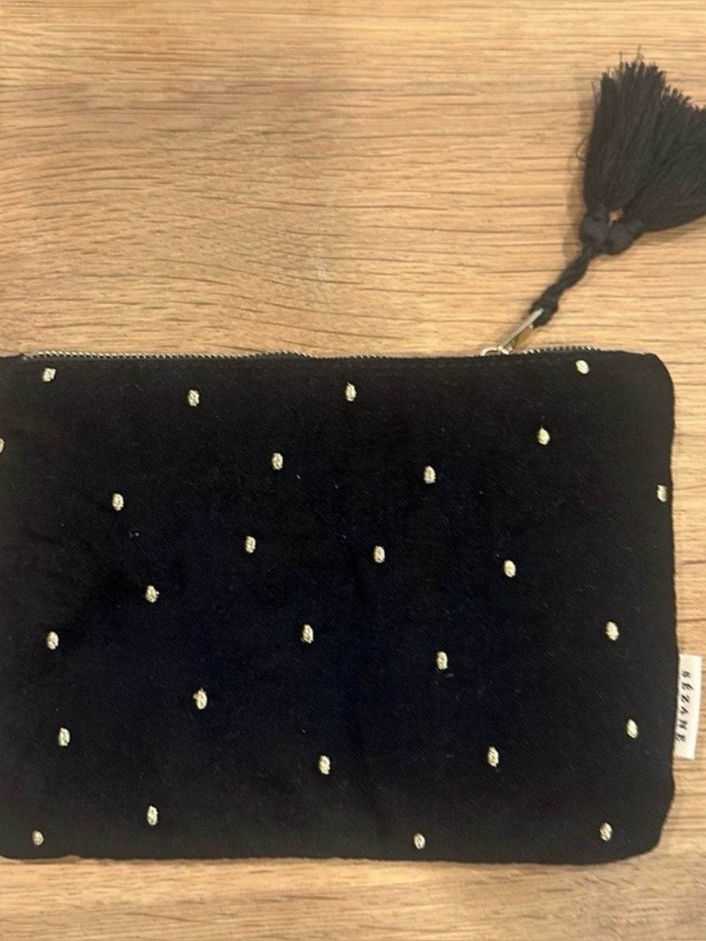 Sézane Black Velvet Dot Embroidered Tassel Pouch